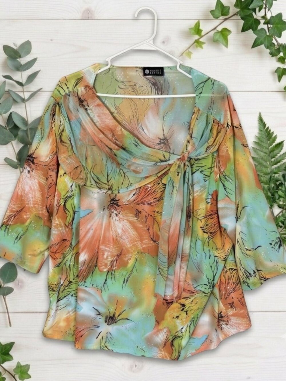 Maggie Barnes Women Plus 2X Top Floral Fairy Sleeve Sequin Drape Semisheer